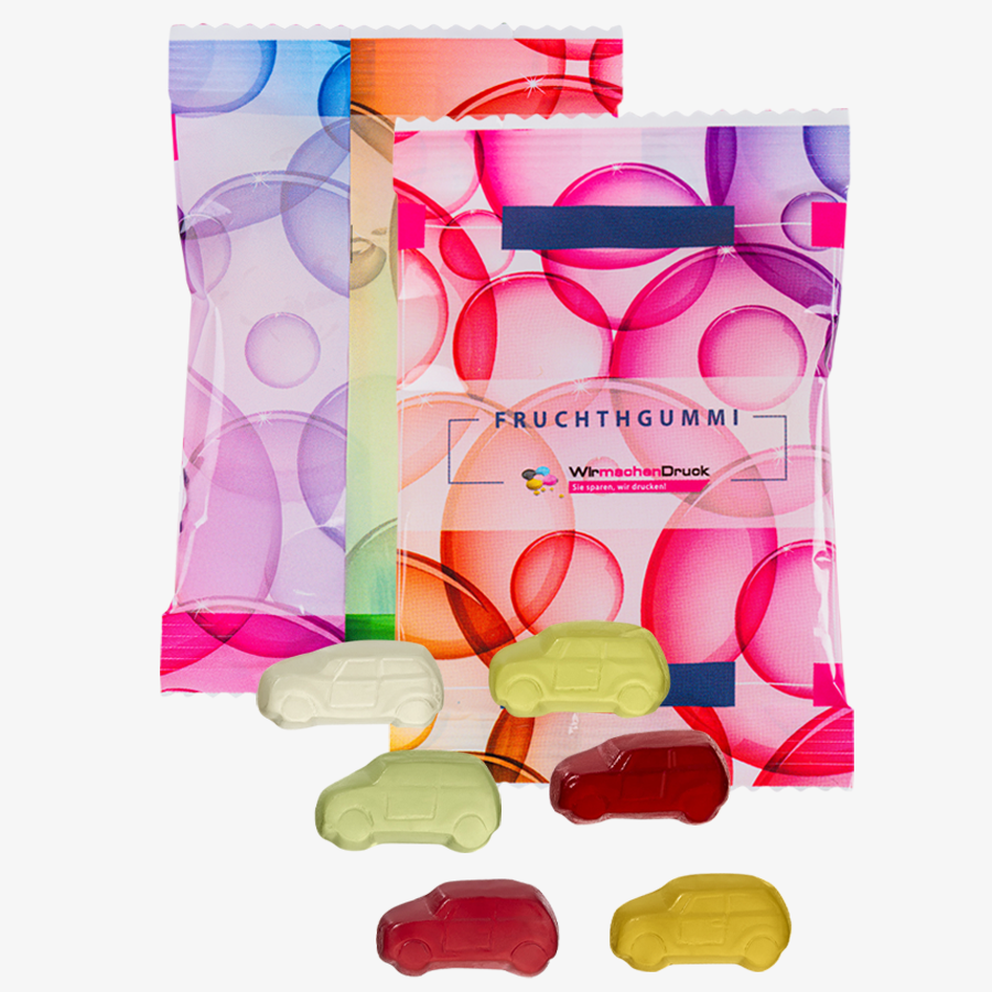 Vorder- und Rückansicht bedruckter Tüten mit leckeren Fruchtgummis in Autoform