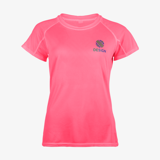Funktionsshirt für Damen in leuchtendem Rosa/Pink, rechts auf der Brust bedruckt mit buntem Logo