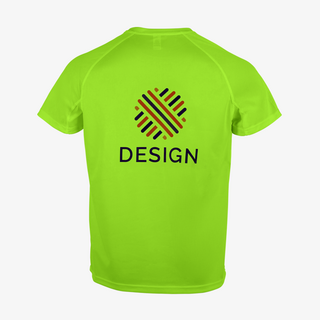 Funktionsshirt für Herren in leuchtendem Grün, auf dem Rücken groß bedruckt mit einem bunten Logo