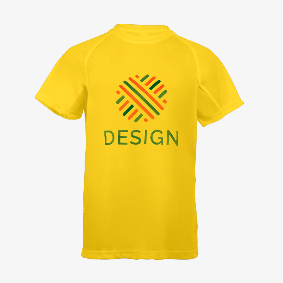 Funktionsshirt von Roly für Kinder in Gelb, vorne mittig groß bedruckt mit buntem Logo