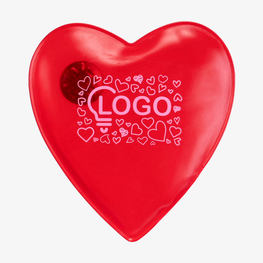 Roter herzförmiger Handwärmer, einseitig personalisierbar mit eigenem Logo