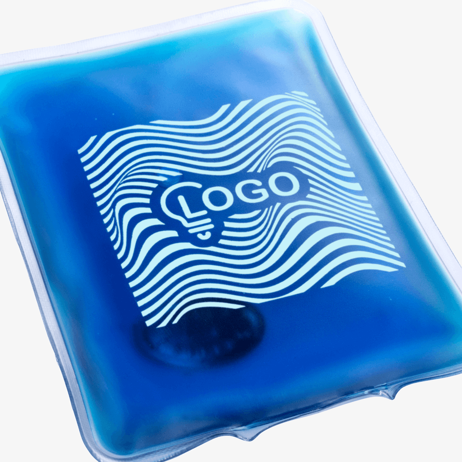Rechteckiges, blaues Gel-Wärmekissen individuell bedruckt im Tampondruckverfahren