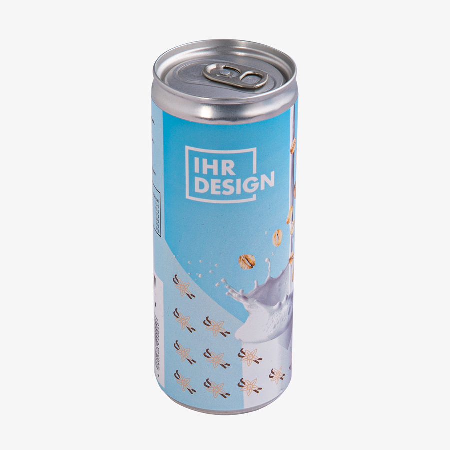 250-ml-Aluminiumdose mit leckerem Hafer-Drink Vanille, rundum bedruckt mit Wunschmotiv