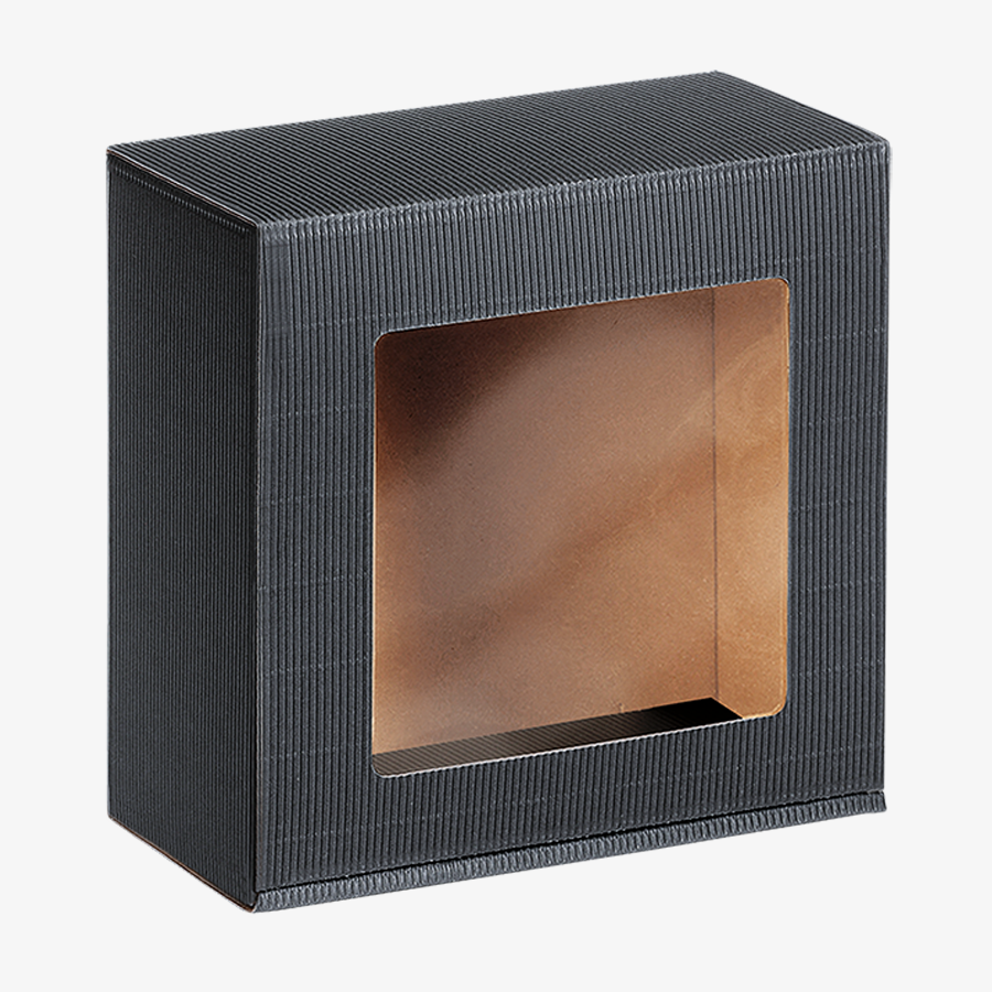 Neutrale anthrazitfarbene Geschenkbox mit Sichtfenster (198 x 190 x 99 mm)