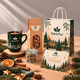 Geschenktipp 3 zu Weihnachten mit Glühweintasse, -gewürz, gebrannte Mandeln, Karte und Papiertasche
