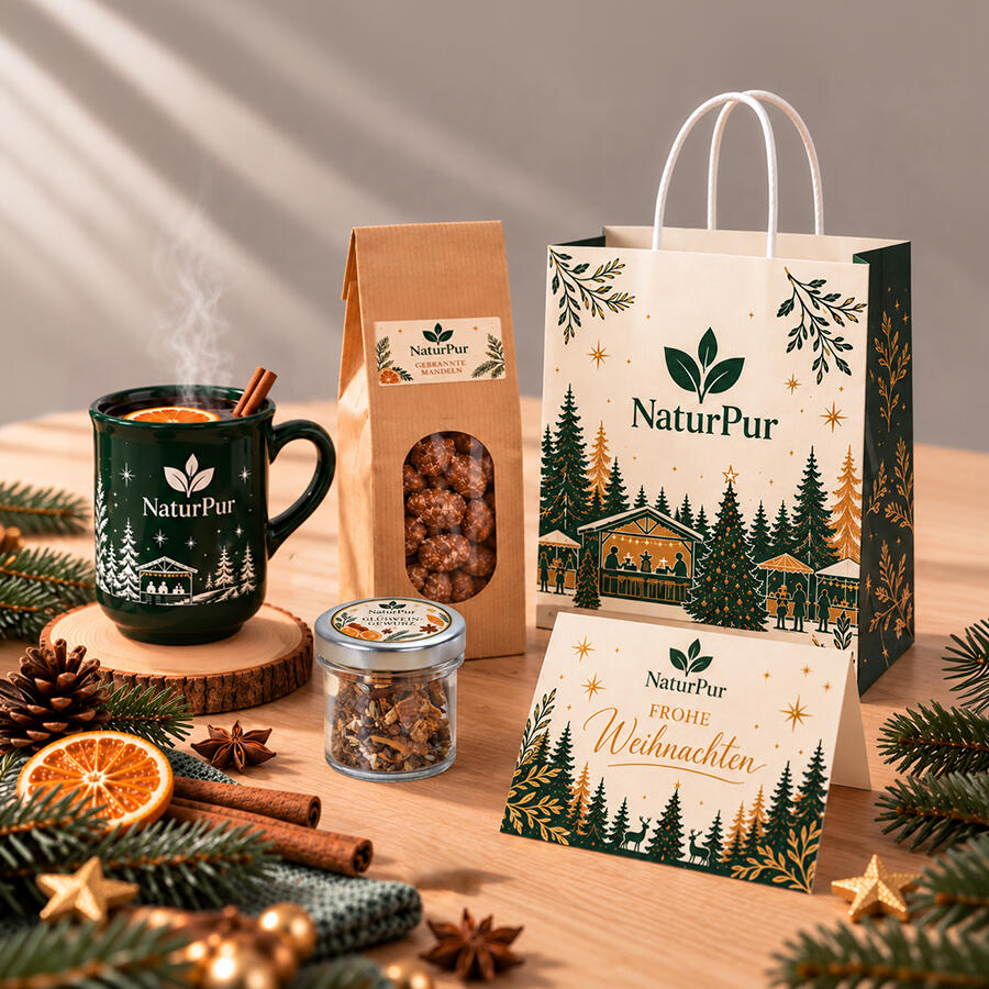 Geschenktipp 3 zu Weihnachten mit Glühweintasse, -gewürz, gebrannte Mandeln, Karte und Papiertasche
