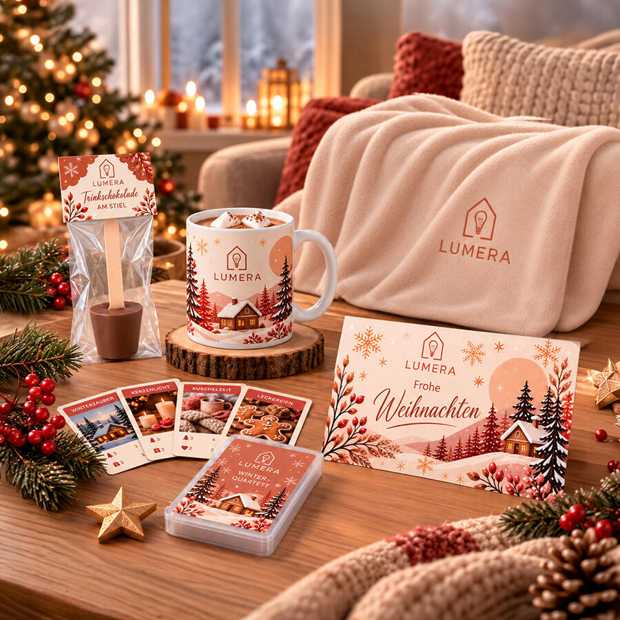 Geschenktipp 4 zu Weihnachten mit Quartettspiel, Fleecedecke, Tasse, Trinkschokolade und Karte