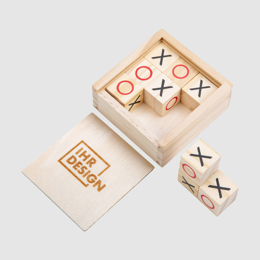 Spiel Drei Gewinnt in praktischer Holzbox, Deckel nach Wunsch graviert