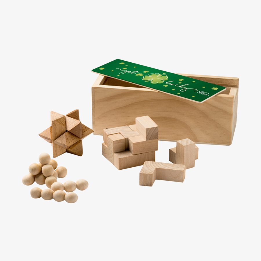 Drei Geschicklichkeitsspiele in hochwertiger Holzbox, Schiebedeckel individuell bedruckt
