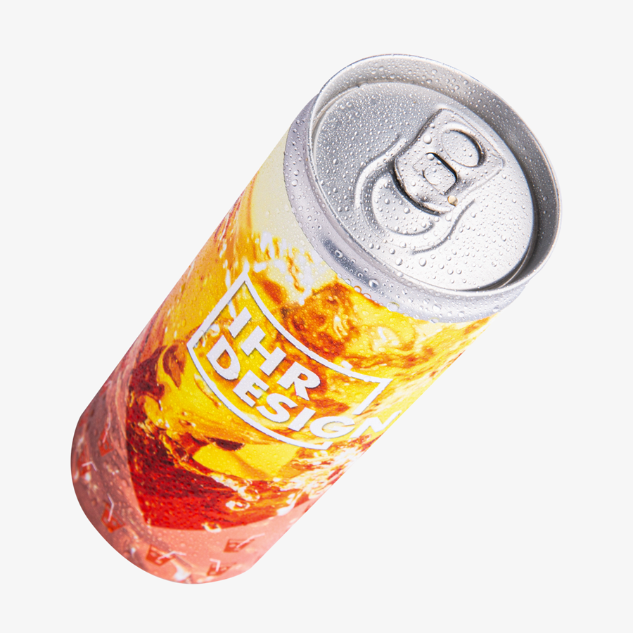 Eisgekühlter Cola-Orange-Mix in Aluminium-Getränkedose mit bedruckbarer Folie