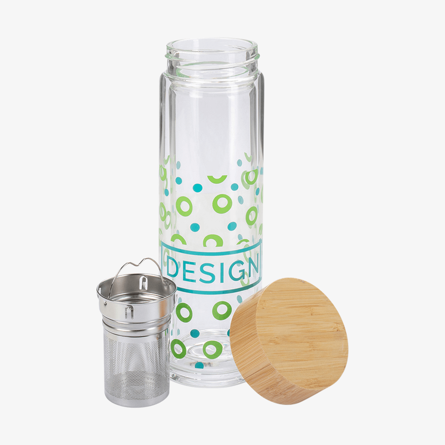 Individuell bedruckte Glasflasche mit praktischem Teesieb und Bambusdeckel
