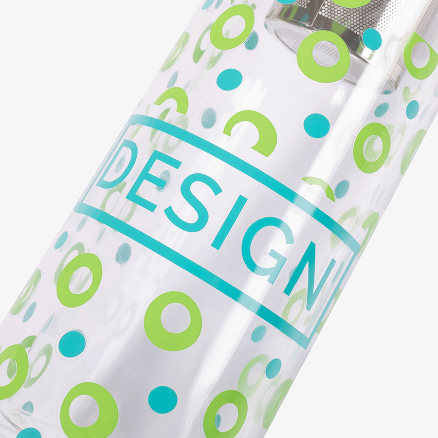 Glasflasche mit integriertem Teesieb und individuellem zweifarbigem Keramikdruck
