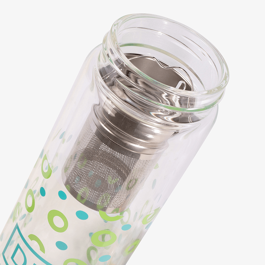 Glasflasche aus Borosilikatglas mit praktischem Teesieb und Personalisierung mittels Keramikdruck