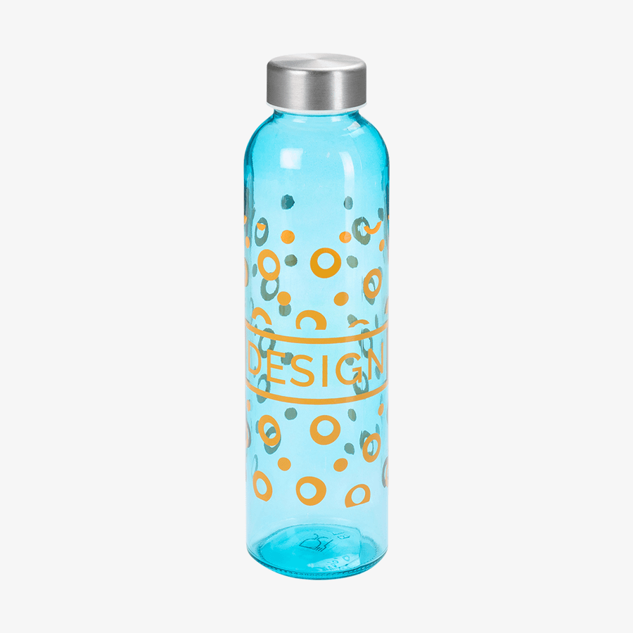 Glasflasche mit Edelstahlverschluss à 500 ml in der Gesamtansicht, außen individuell mit Siebdruck bedruckt