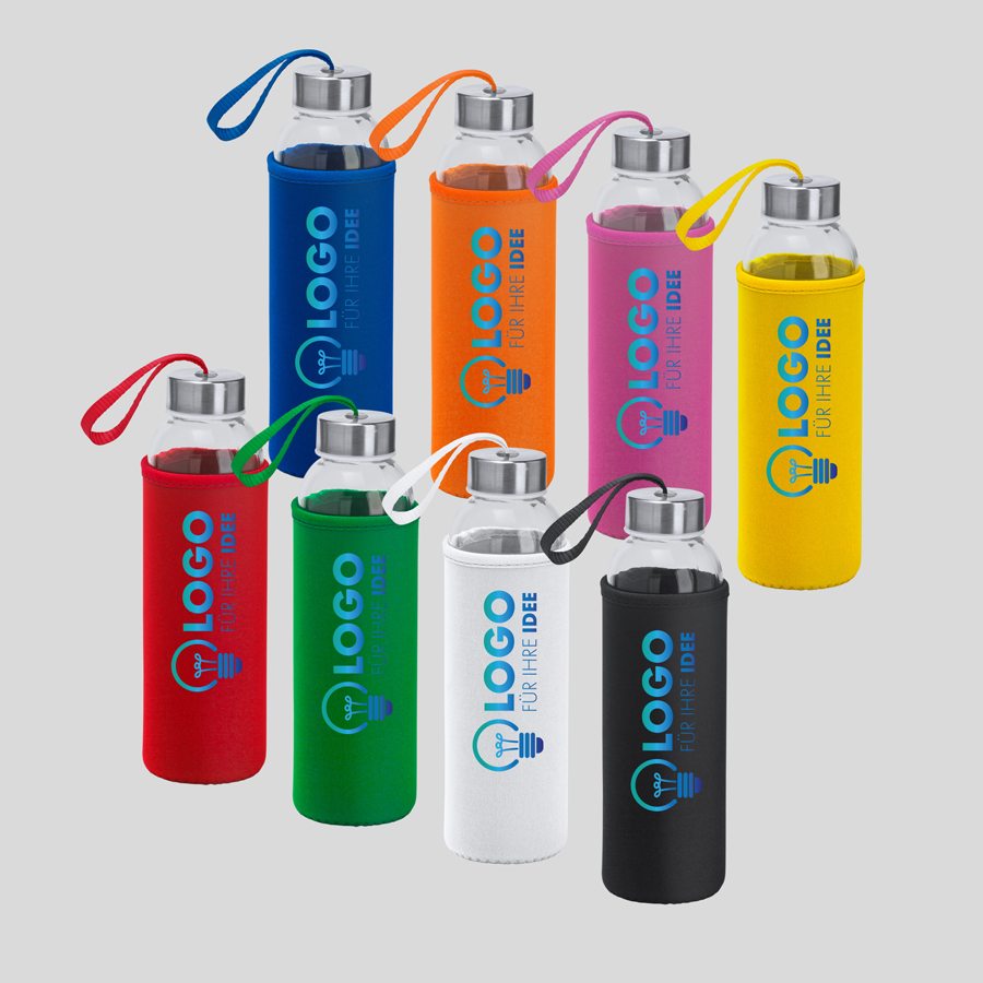 Glasflaschen (500 ml) in vielen Farben mit Digitaltransferdruck auf den Hüllen