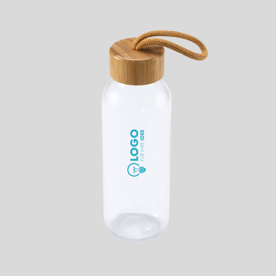 Glasflasche mit Bambusdeckel und Handschlaufe, mit 450 ml Fassungsvermögen