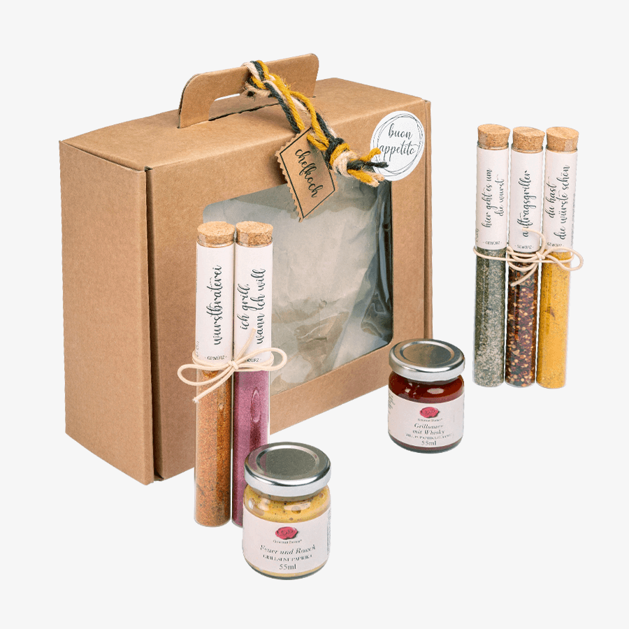 Gourmet-Berner-Präsentbox mit personalisierter Grußkarte sowie Grillsauce u. v. m.