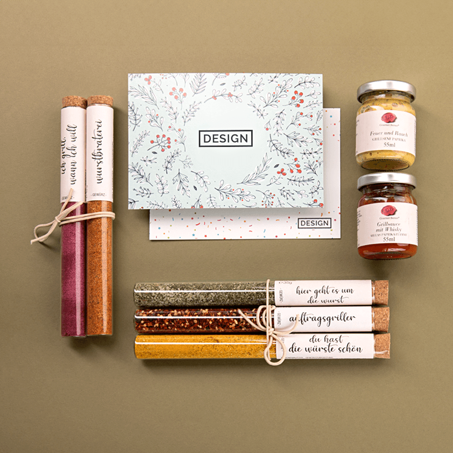 Inhalt der Gourmet-Berner-Präsentbox Gewürzexplosion mit personalisierter Grußkarte