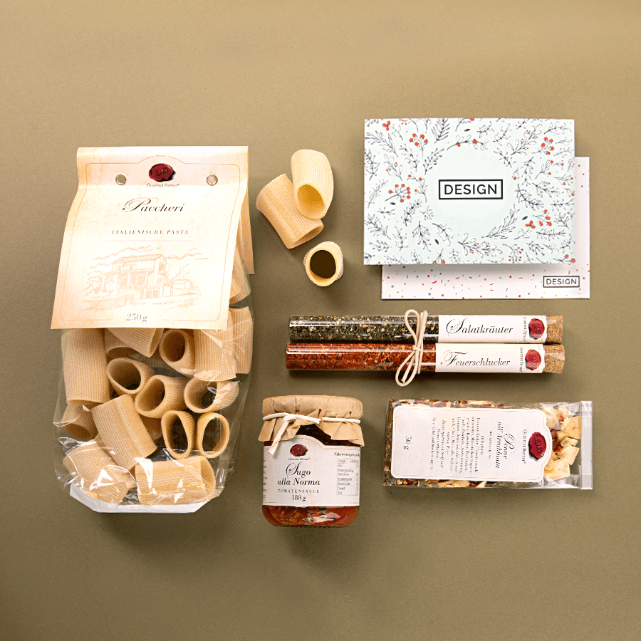 Inhalt der Gourmet-Berner-Präsentbox Maxi Dolce Vita mit personalisierter Grußkarte