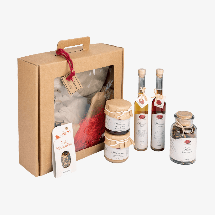 Gourmet-Berner-Präsentbox mit personalisierter Grußkarte sowie Tee u. v. m.