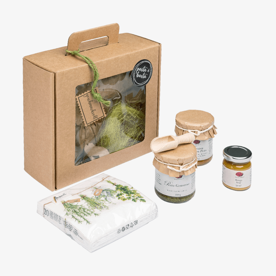 Gourmet-Berner-Präsentbox mit personalisierter Grußkarte sowie Servietten u. v. m.