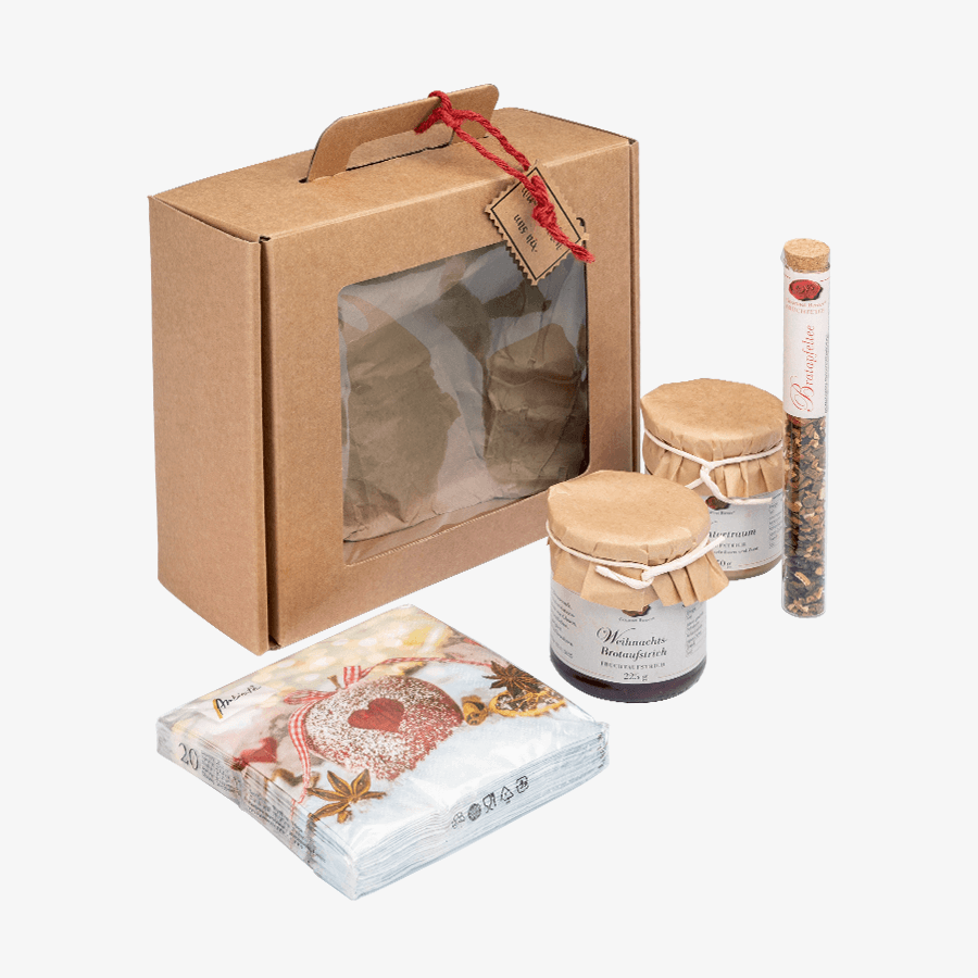 Gourmet-Berner-Präsentbox mit personalisierter Grußkarte sowie Aufstrichen u. v. m.