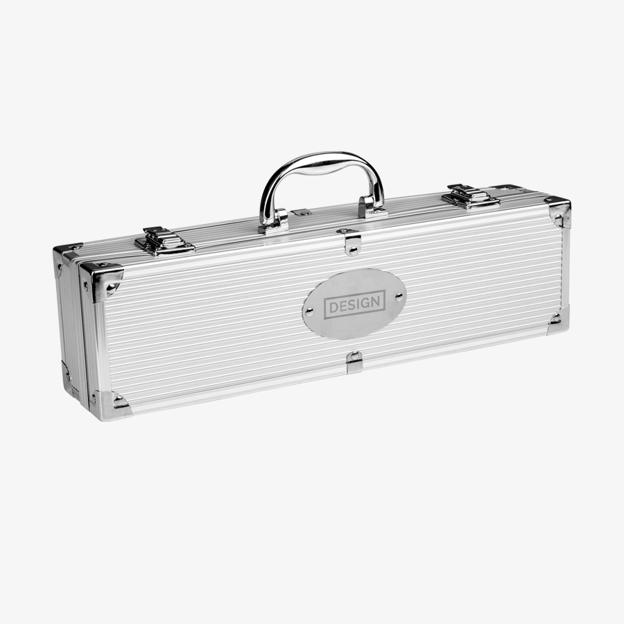 Dreiteiliges Grillset aus Edelstahl in Aluminiumkoffer mit Personalisierung