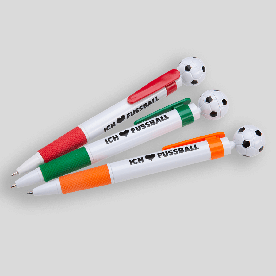 Sortiment an Fußball-Kugelschreibern in verschiedenen Farben, mit Logo bedruckbar 