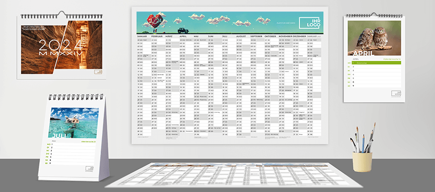 Headerbild verschiedene Kalender 2024 mit Designvorlagen, Schreibtisch