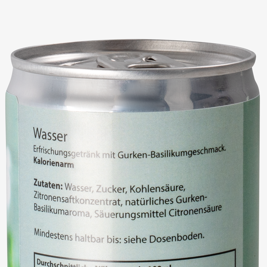 Bedruckte Getränkedose mit Gurke-Basilikum-Wasser und Ihrem Design, Detailansicht