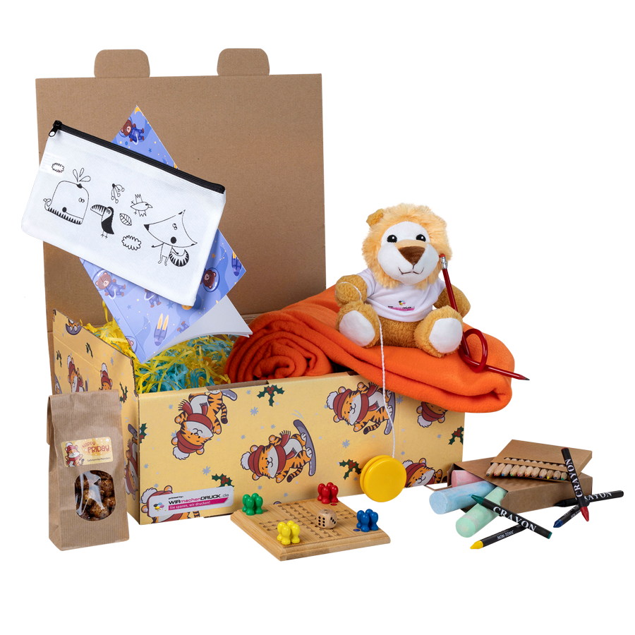 Happy-Friday-Geschenkbox 2025 für Jungs mit einem Plüschlöwen und vielen Spielsachen inklusive Geschenkbox