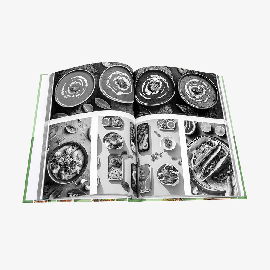 Hardcover-Buch mit geradem Rücken und schwarz-weißem Inhalt in DIN A4 hoch