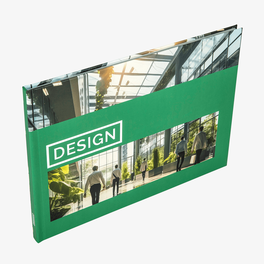 Individuell bedrucktes Hardcover-Buch mit geradem Rücken im Format DIN A4 quer, Coveransicht