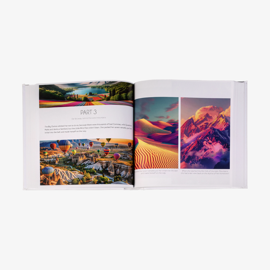 Hardcover-Buch mit rundem Rücken und farbigem Inhalt im Format 210 x 210 mm