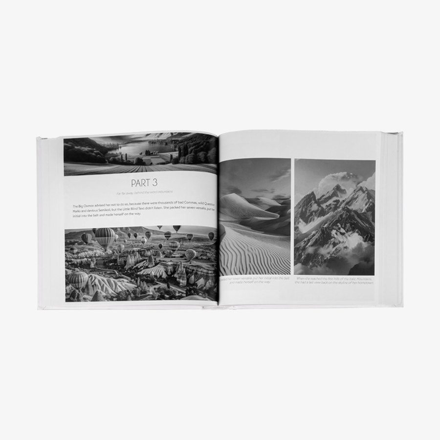 Hardcover-Buch mit rundem Rücken und schwarz-weißem Inhalt in der Größe 210 x 210 mm
