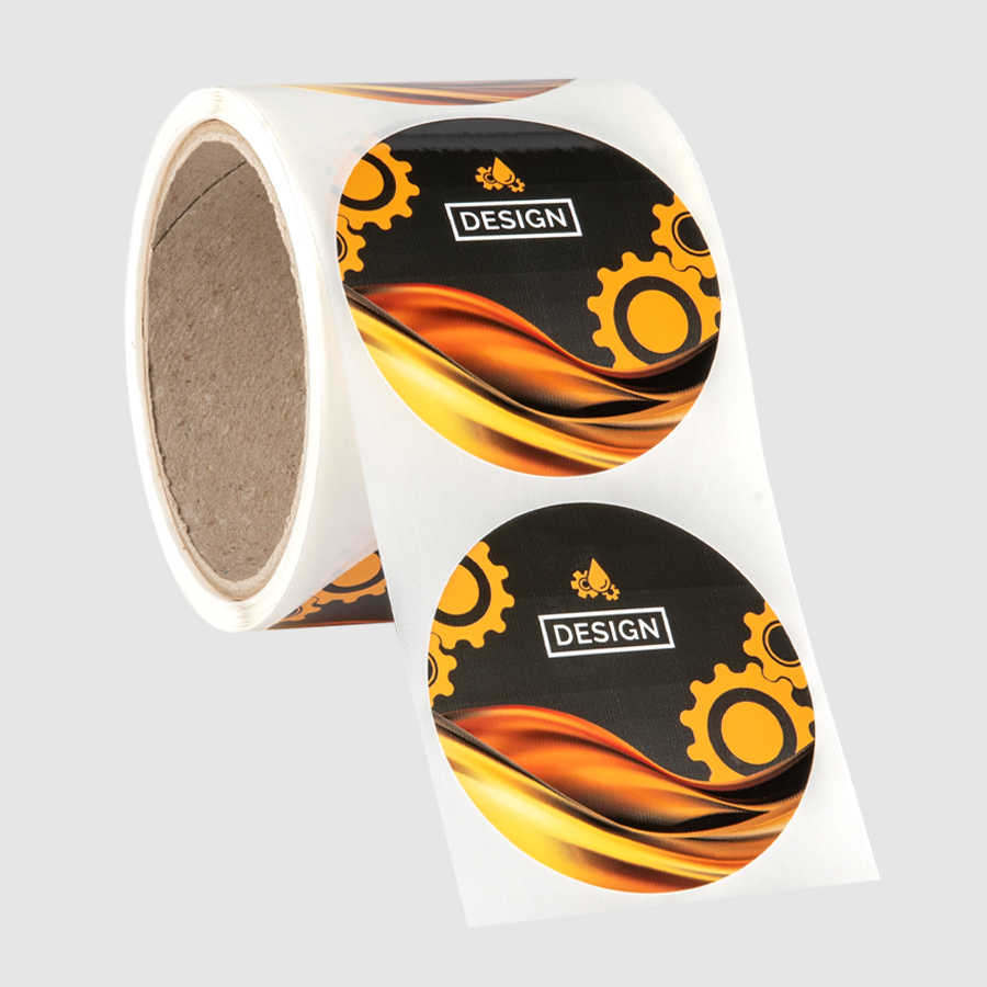 Runde Etiketten mit eigenem Design auf Rolle, geeignet für die Heißabfüllung