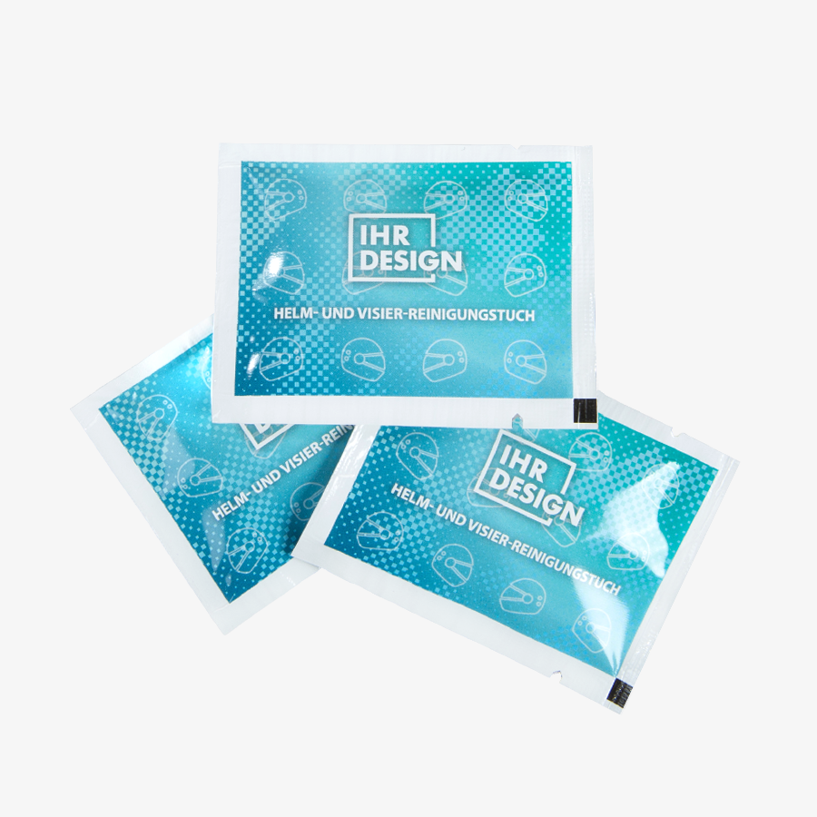 Helm- und Visierreinigungstücher, einzeln verpackt in Sachets, bedruckt mit Wunschdesign