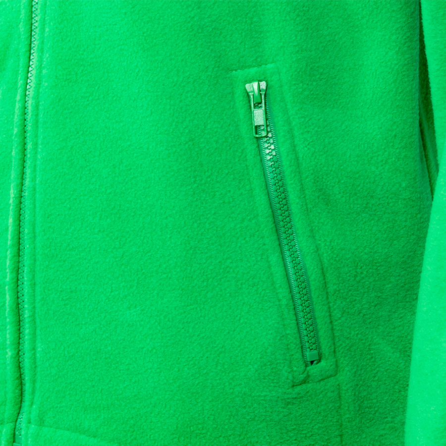 Detailansicht grüne Premium-Fleecejacke für Herren, Tasche mit Ton-in-Ton-Reißverschluss