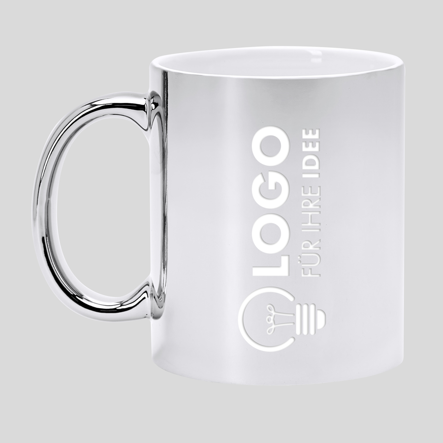 Hochglanz-Keramiktasse in Silber mit Gravur