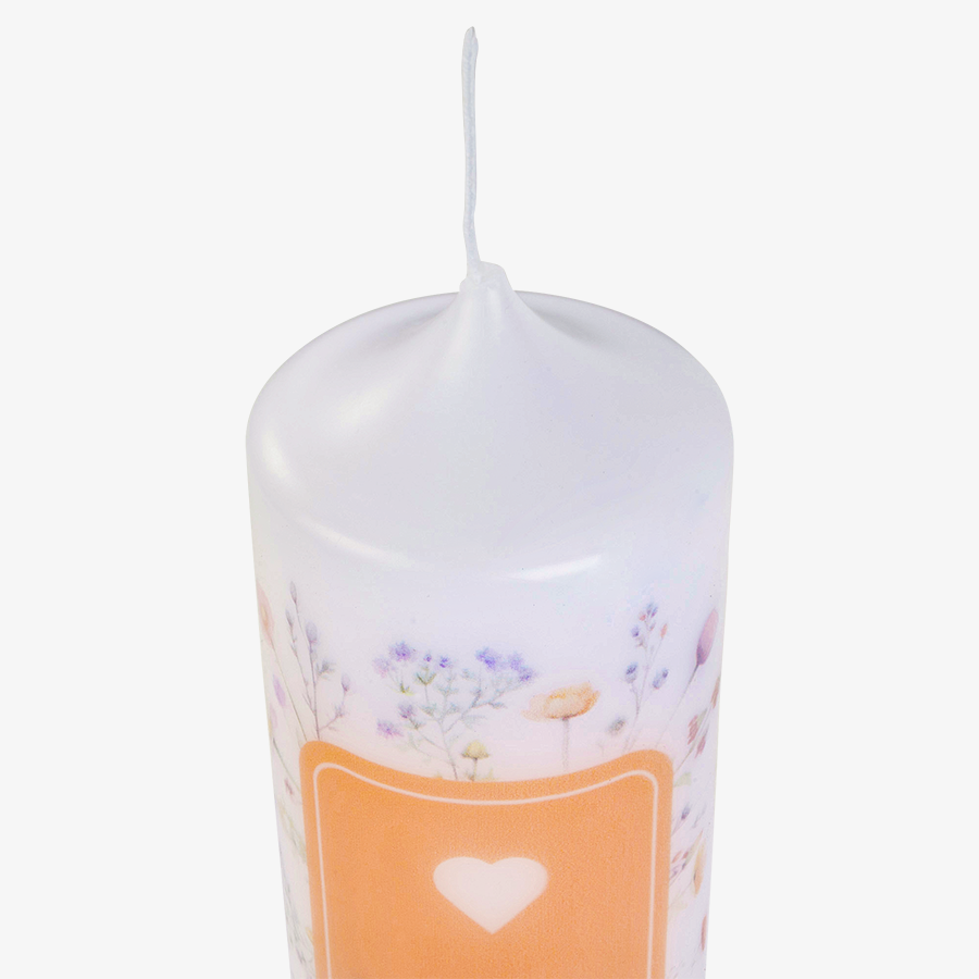 Detailansicht einer 25 cm hohen Hochzeitskerze mit vollfarbigem Druck