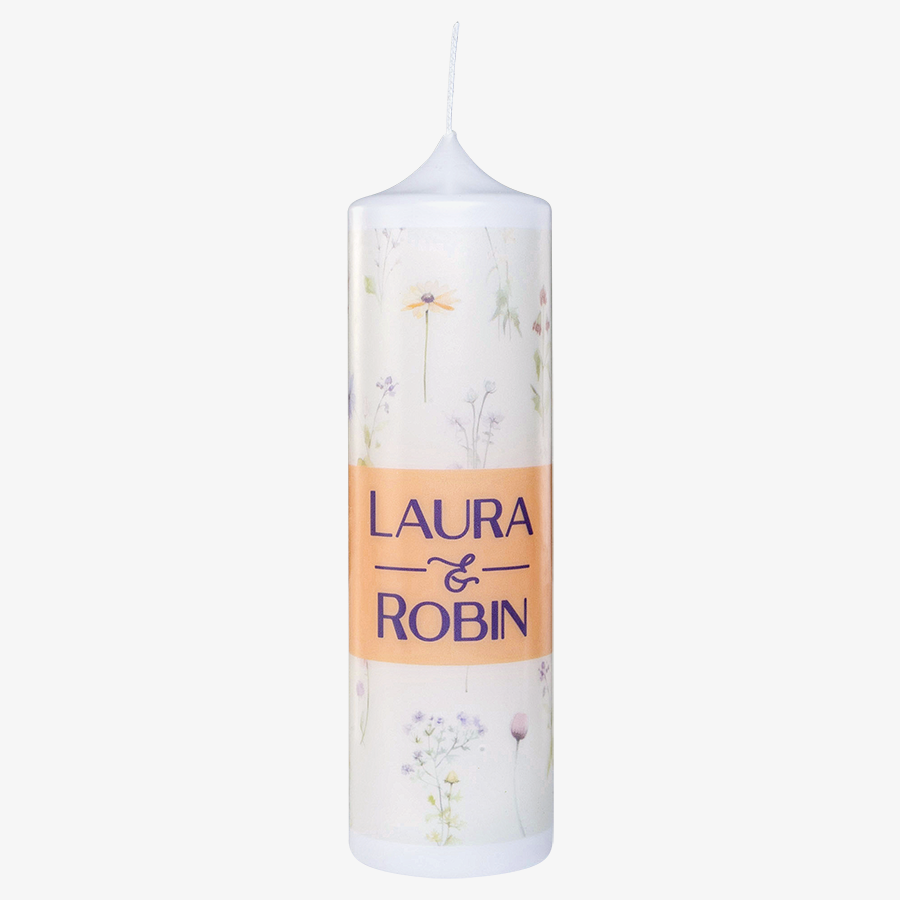 25 cm hohe Hochzeitskerze, rundum vollfarbig individuell bedruckt