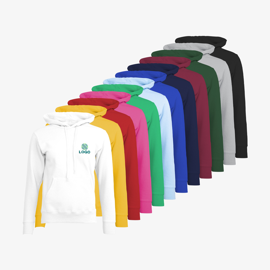 Basic-Hoodies für Damen von Fruit of the Loom in vielen Farben, auf der Brust bestickt
