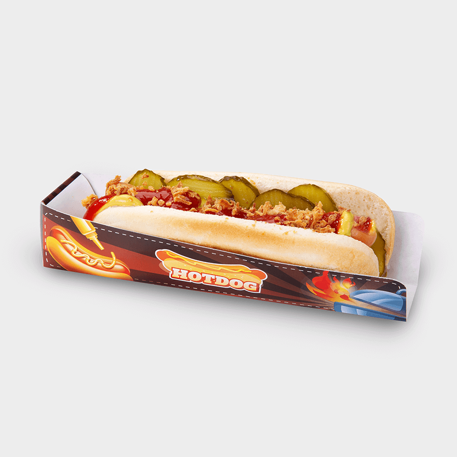 Vollfarbig bedruckte Hotdog-Verpackung aus Recyclingkarton mit Fettbarriere, Servierbeispiel