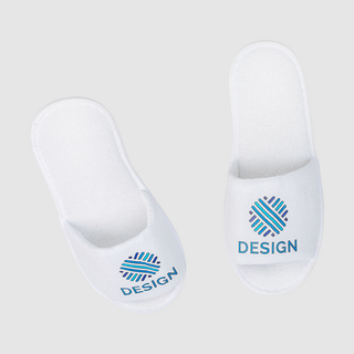 Weiße Hotelslipper mit offener Schuhbrücke und Digitaltransferdruck