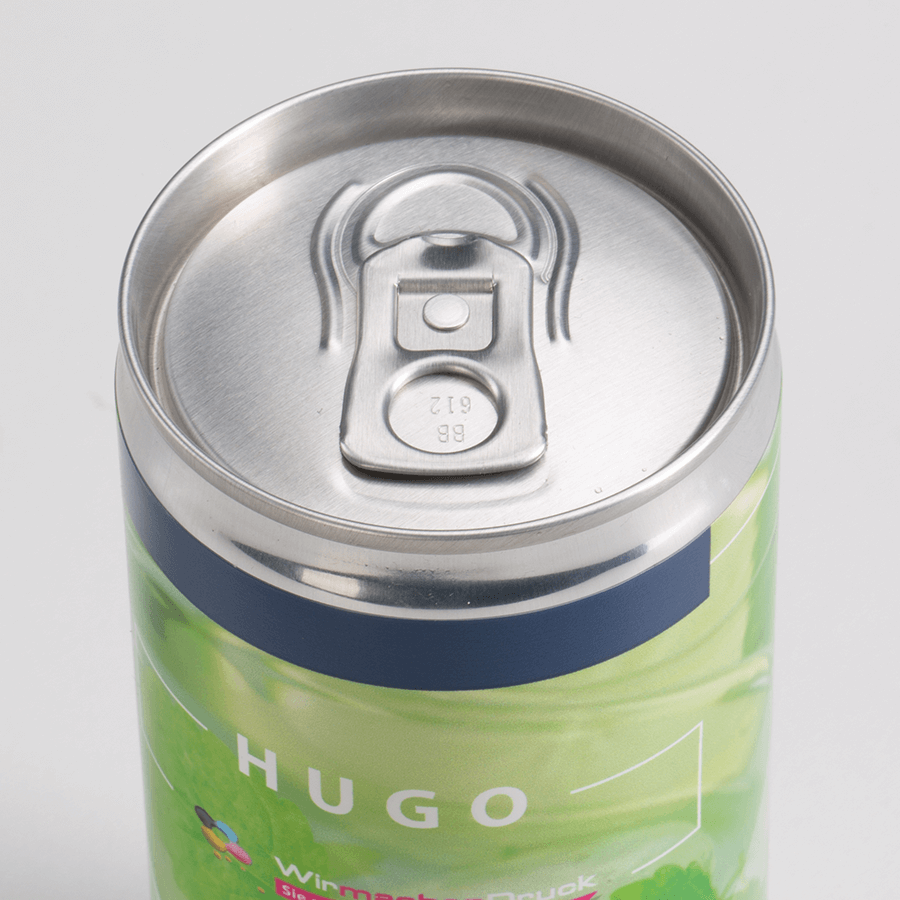 Detailansicht Aluminium-Getränkedose mit leckerem Hugo, Folie individuell bedruckbar