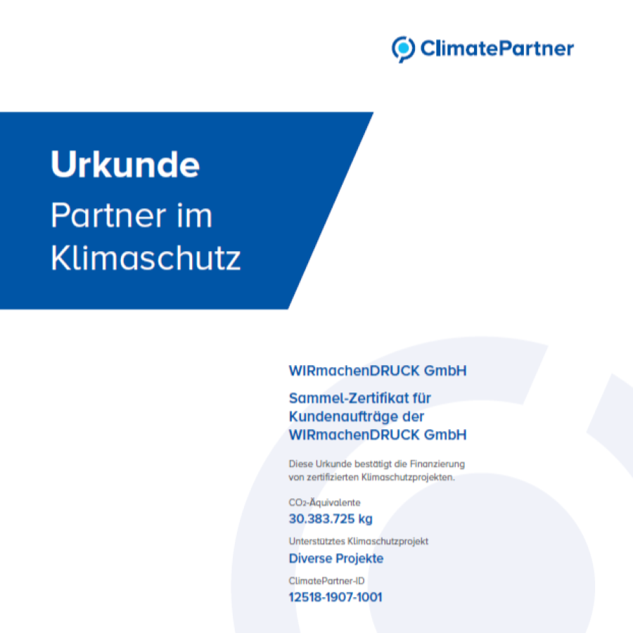ClimatePartner Sammelzertifikat für WIRmachenDRUCK