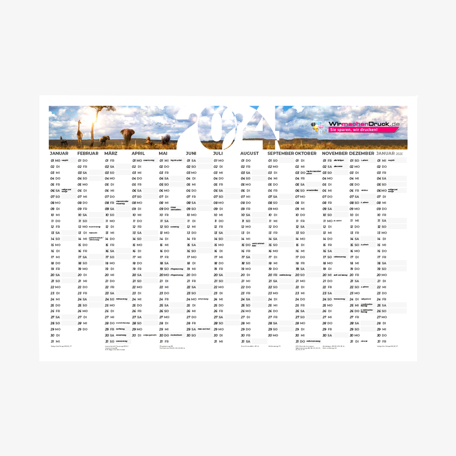 Kalendermuster - kostenloser Jahresplaner (1000 x 700 mm) im hübschen Design