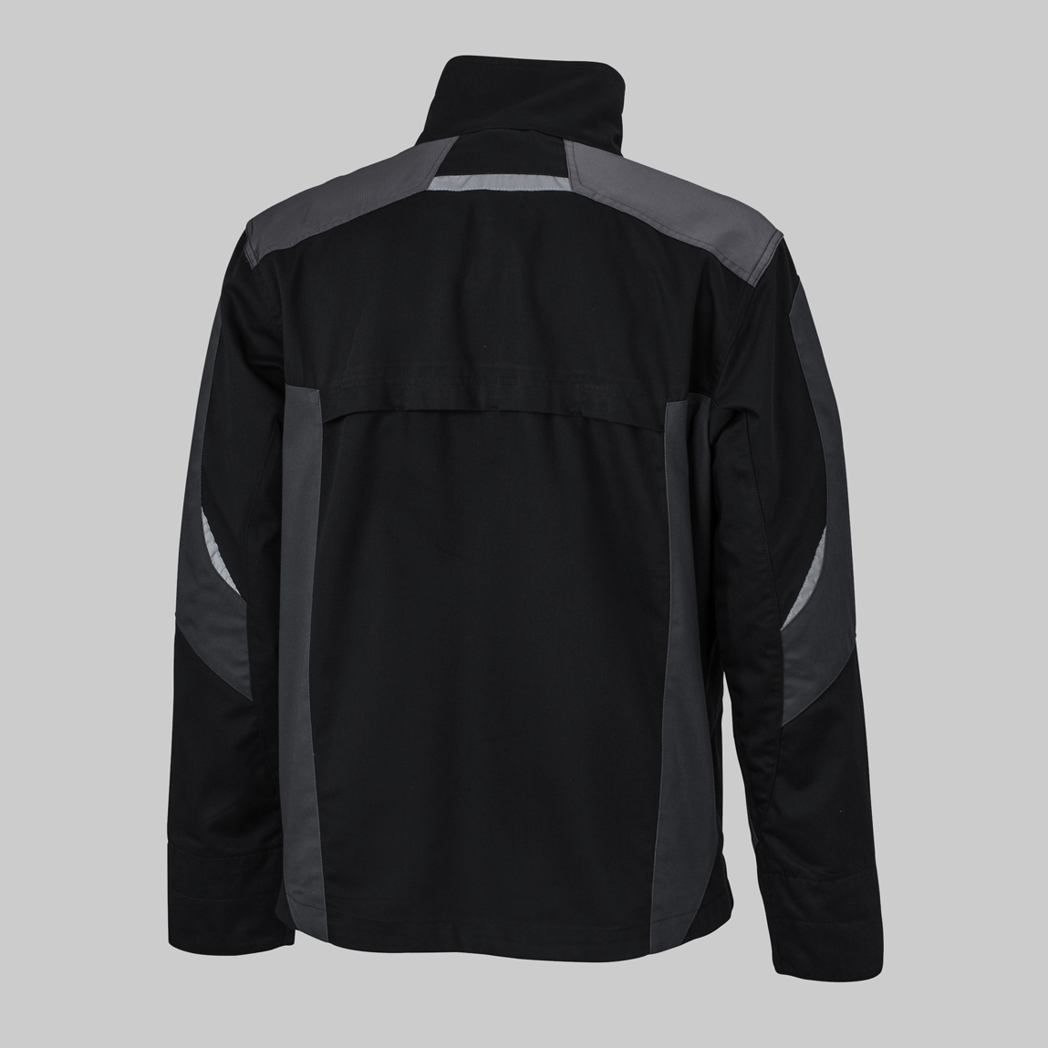 Rückseite einer schwarz-grauen Premium-Arbeitsjacke, Arbeitskleidung mit individueller Stickerei