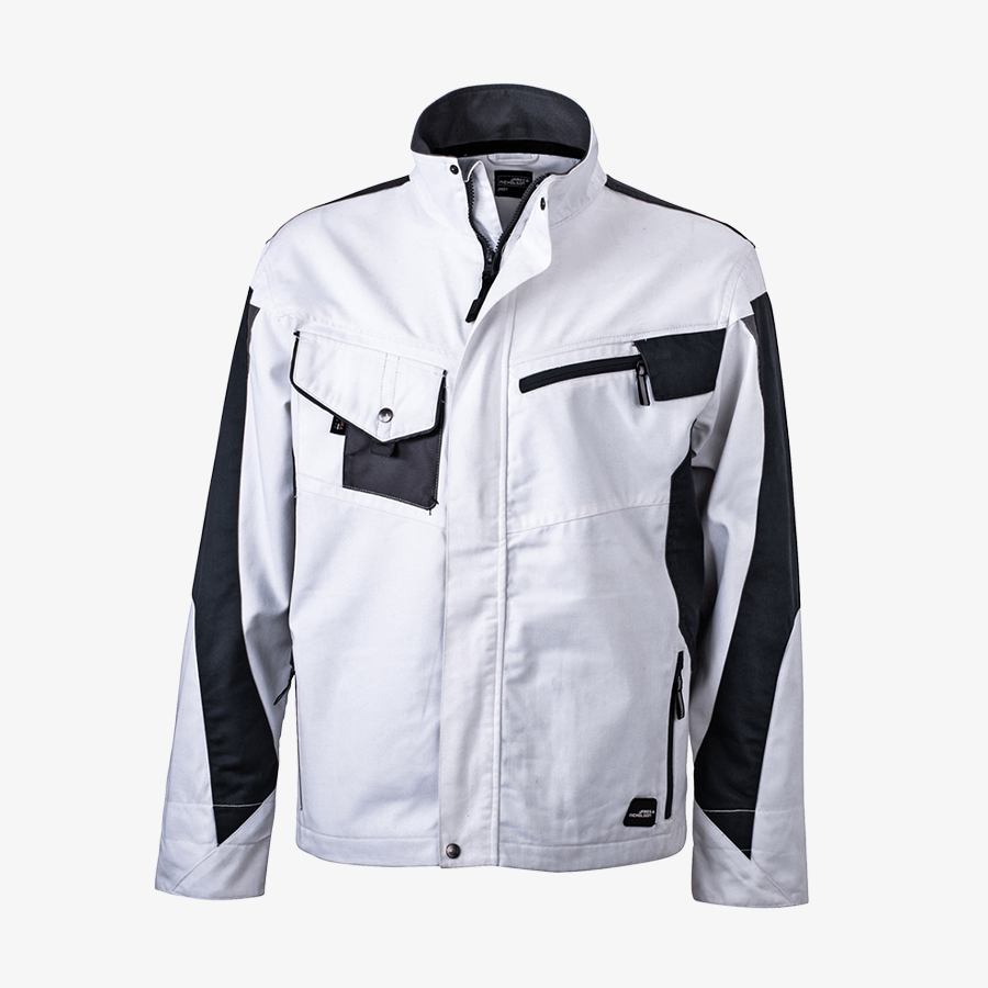 Vorderseite einer schwarz-weißen Premium-Arbeitsjacke, individuell bestickbare Arbeitskleidung