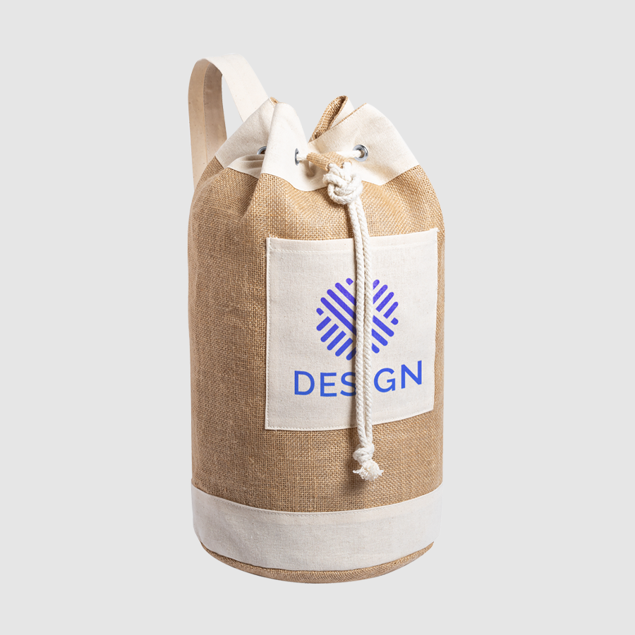 Geräumiger Jute-Seesack mit Kordelzugverschluss und bedruckter Baumwolltasche